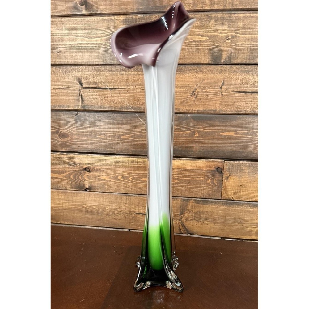 Vintage Art Glass Jack In The Pulpit Bud Vase White/Green/Plum Glass Stem